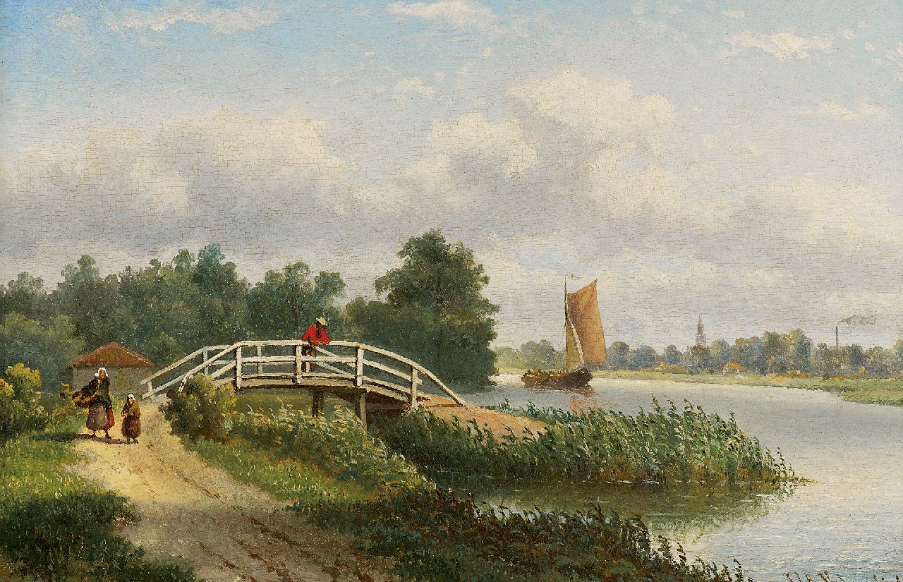 Hilverdink J.J.A.  | Johannes Jacobus Antonius Hilverdink, A summer landscape with figures along the river, oil on panel 24.6 x 36.0 cm, signed l.r.