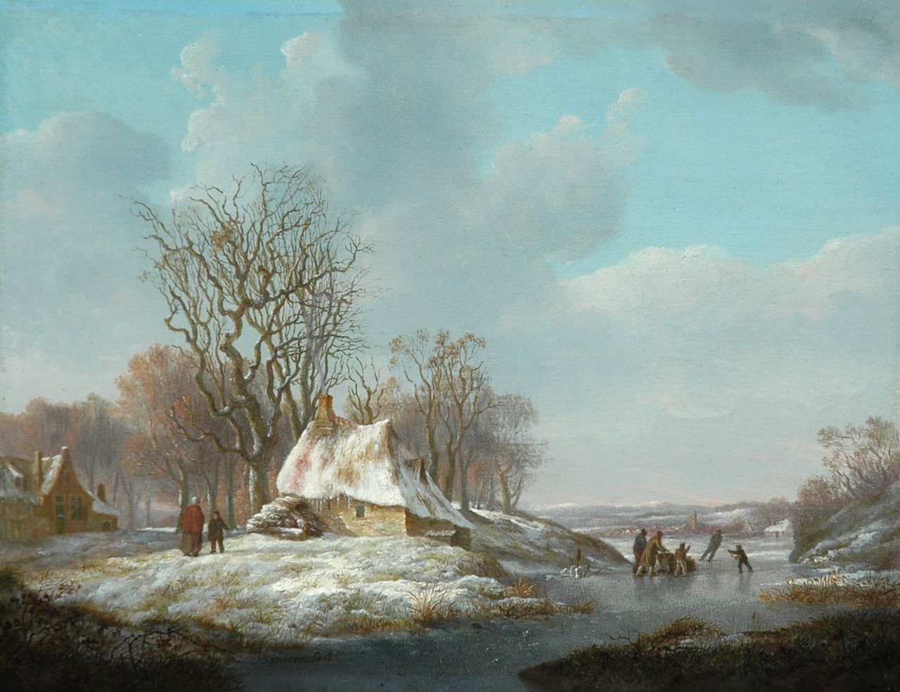 Barnouw N.  | Nicolaas Barnouw, A winterlandscape with farmer's cottages and skaters, oil on panel 21.5 x 27.8 cm, signed l.l.c.