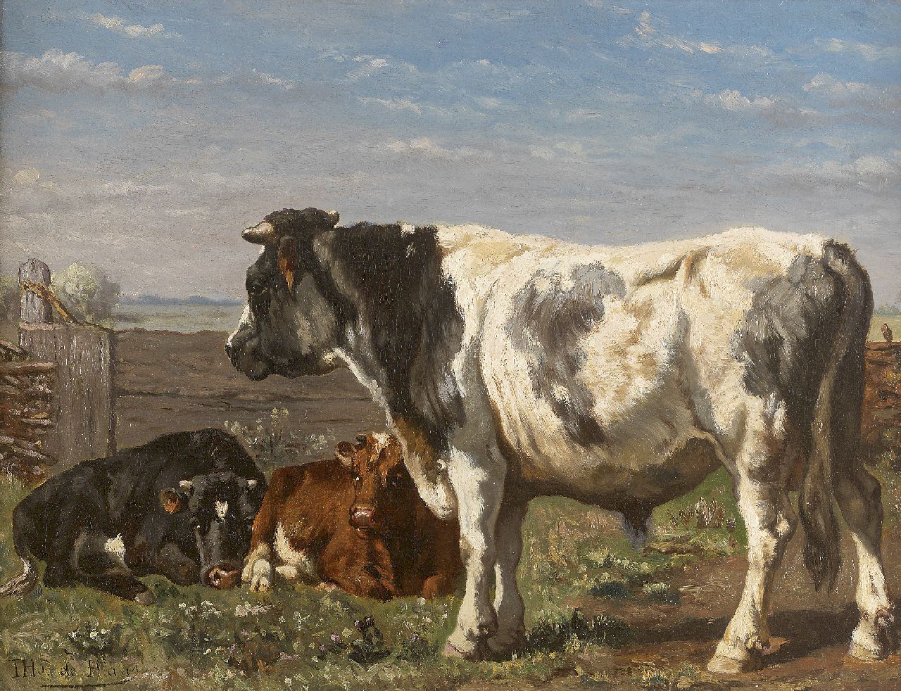 Haas J.H.L. de | Johannes Hubertus Leonardus de Haas, A bull and calves in a summer landscape, oil on canvas 39.0 x 50.7 cm, signed l.l.