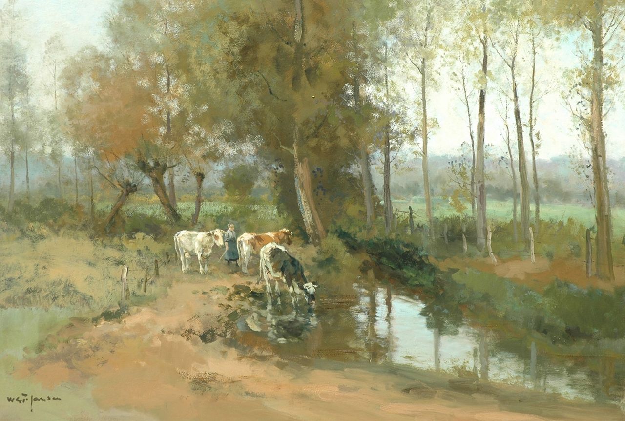 Jansen W.G.F.  | 'Willem' George Frederik Jansen, Watering cows in a wooded landscape, oil on canvas 82.2 x 117.8 cm, signed l.l.