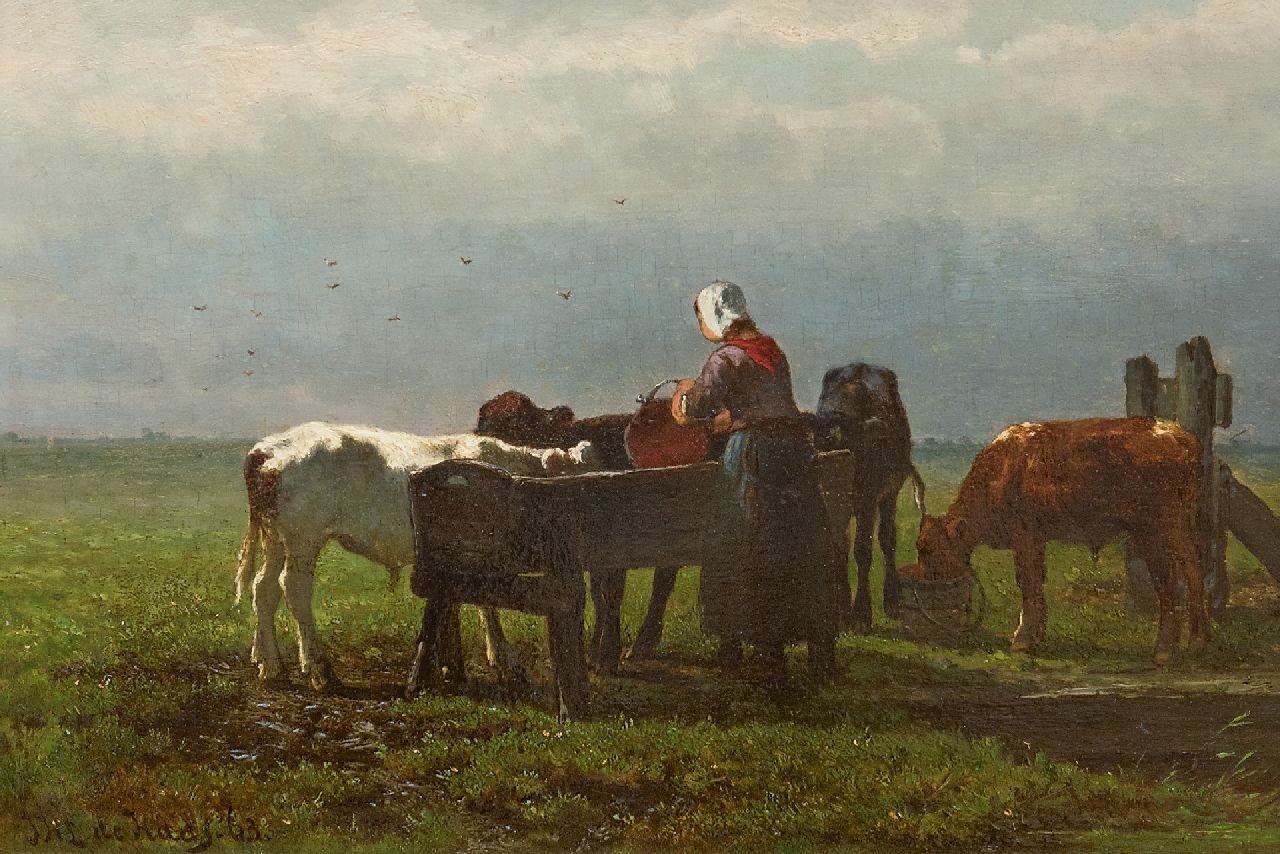 Haas J.H.L. de | Johannes Hubertus Leonardus de Haas | Paintings offered for sale | Feeding the calves, oil on panel 22.7 x 33.0 cm, signed l.l. and dated '63