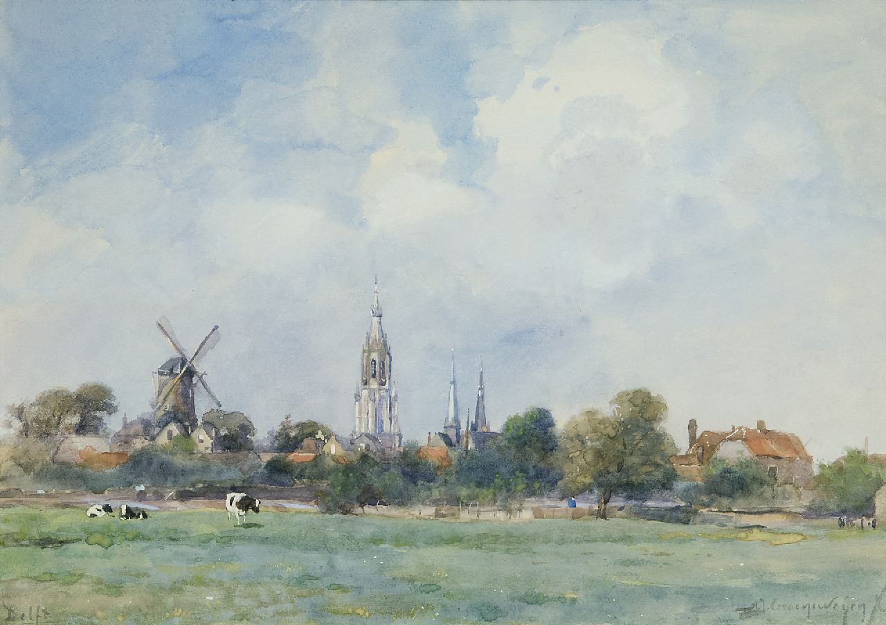 Groenewegen A.J.  | Adrianus Johannes Groenewegen, A view on Delft with the Nieuwe Kerk, watercolour on paper 24.5 x 34.5 cm, signed l.r.