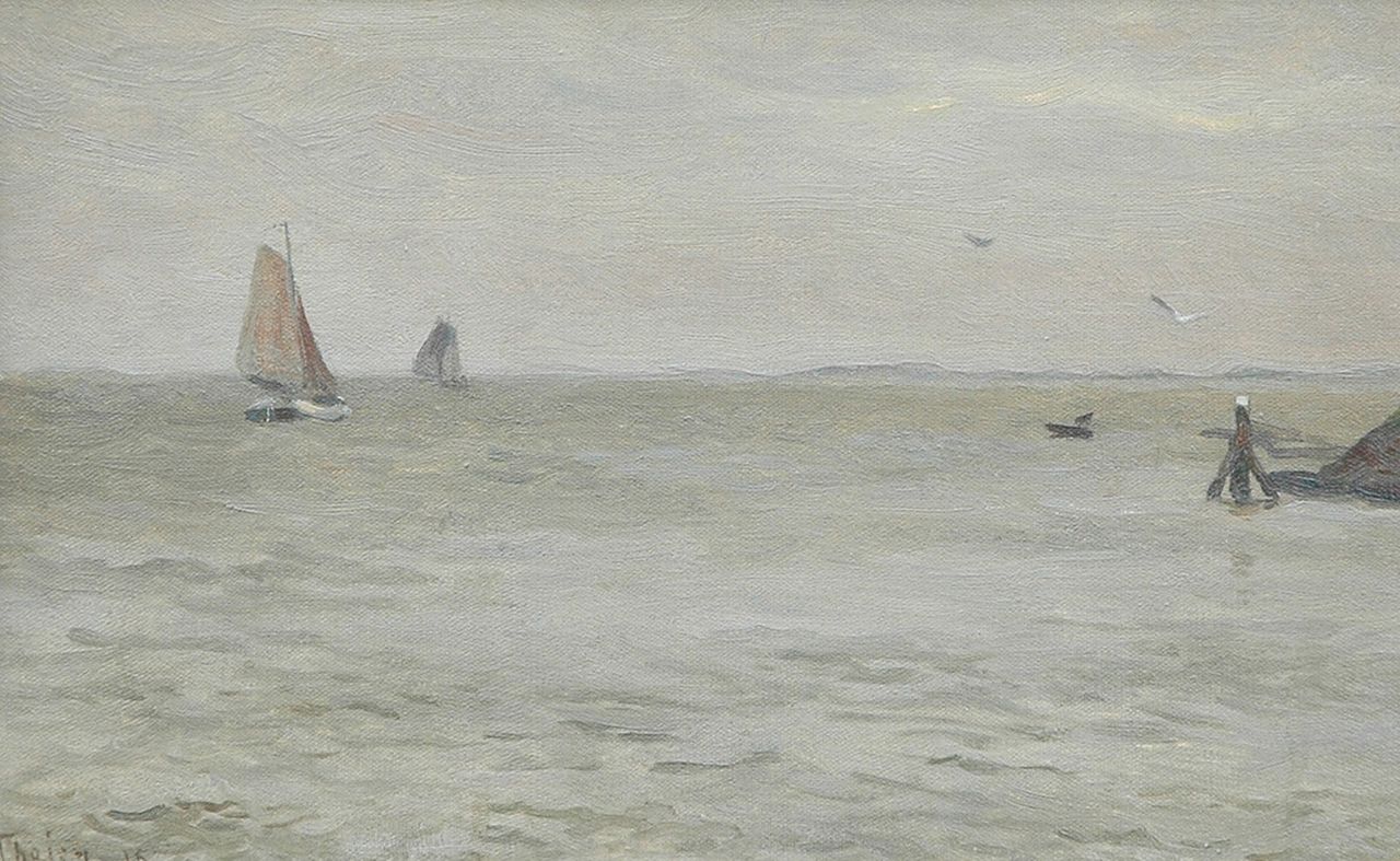 Tholen W.B.  | Willem Bastiaan Tholen, Shipping on the Zuiderzee, oil on canvas laid down on panel 19.3 x 30.1 cm, signed l.l. and dated '15