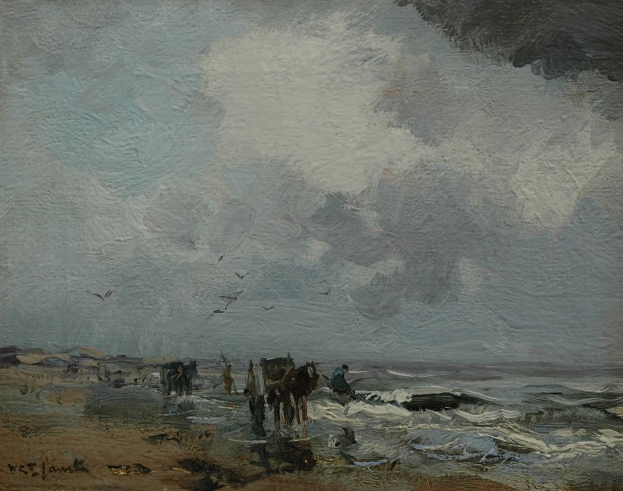 Jansen W.G.F.  | 'Willem' George Frederik Jansen, Shell fishermen on the beach, oil on canvas laid down on panel 26.3 x 33.2 cm, signed l.l.