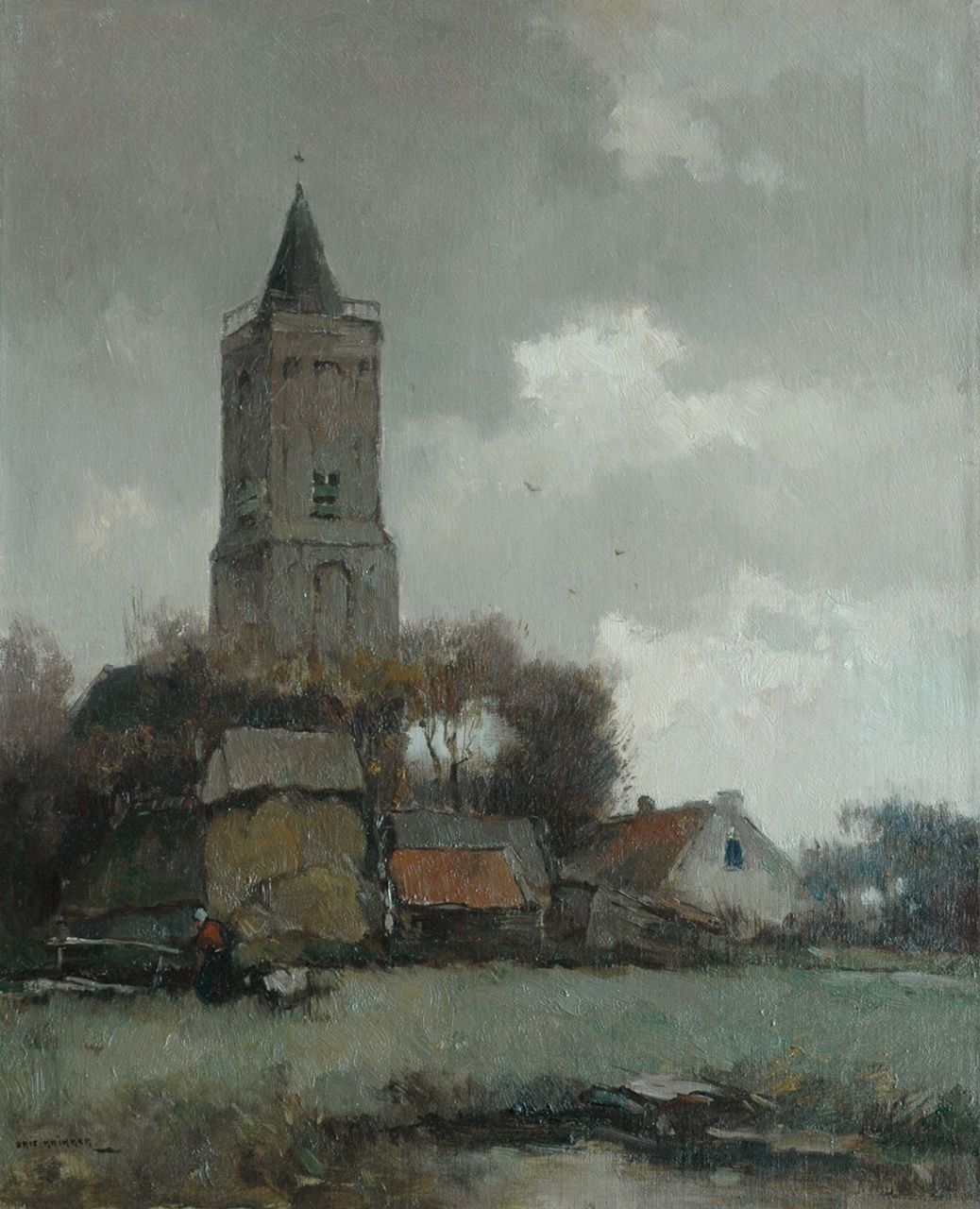 Knikker A.  | Aris Knikker, View of a village with the Oude Kerk of Soest, oil on canvas 56.8 x 46.1 cm, signed l.l.