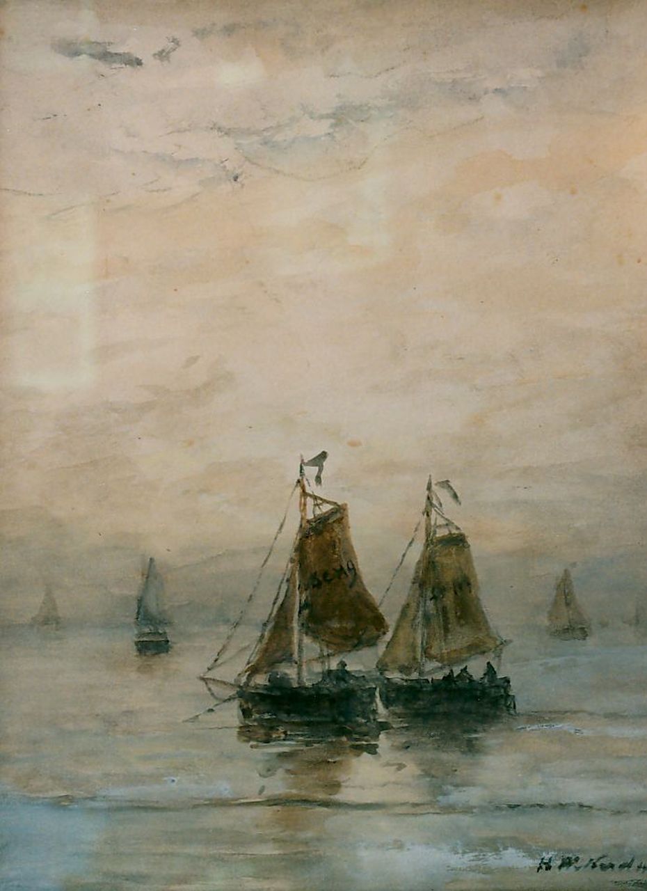 Mesdag H.W.  | Hendrik Willem Mesdag, 'Bomschuiten' anchored in the surf, watercolour on paper 36.5 x 26.5 cm, signed l.r.