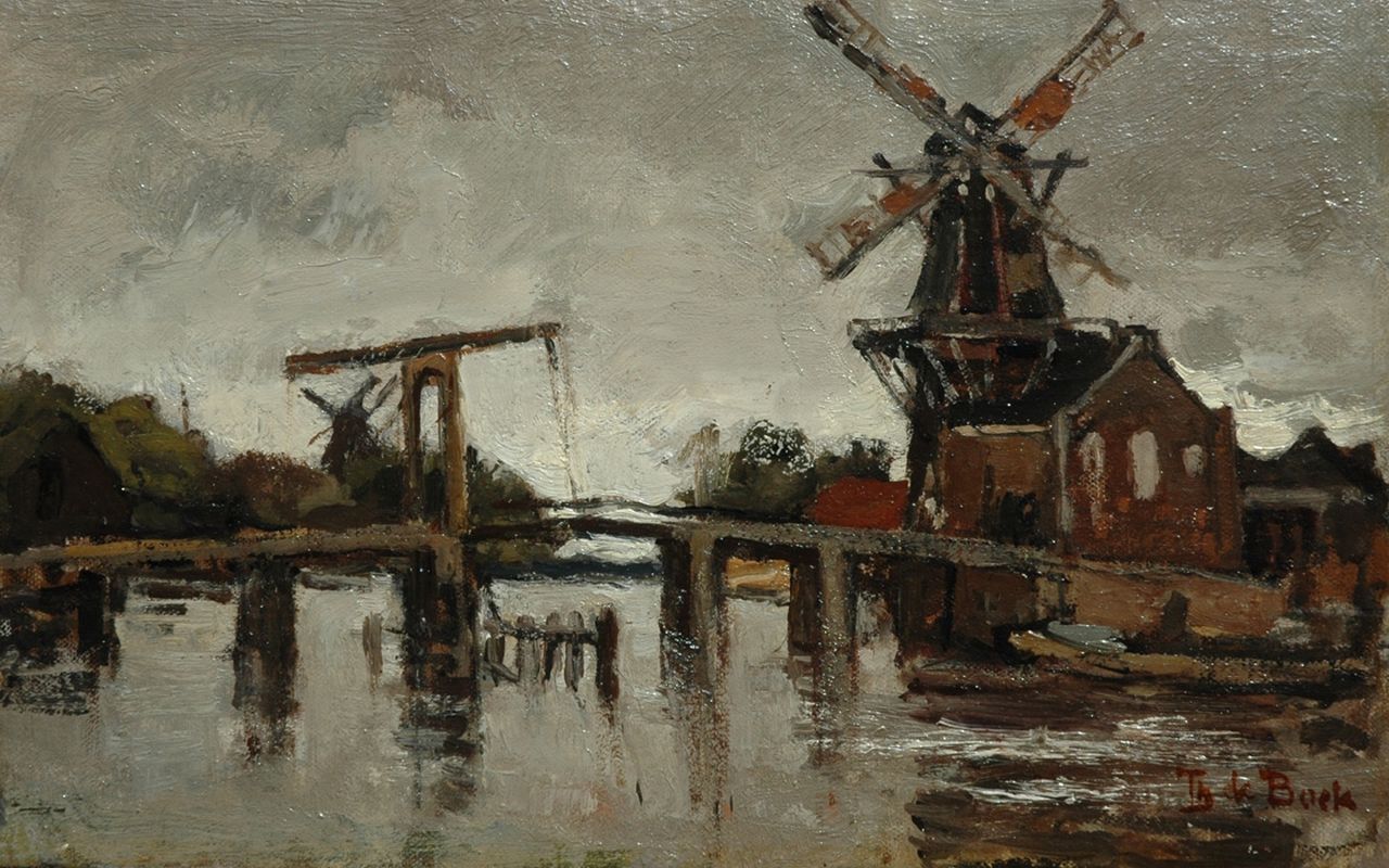 Bock T.E.A. de | Théophile Emile Achille de Bock, The Spaarne with the Catharijnebrug and windmill De Adriaan in Haarlem, oil on canvas laid down on board 23.1 x 36.2 cm, signed l.r.