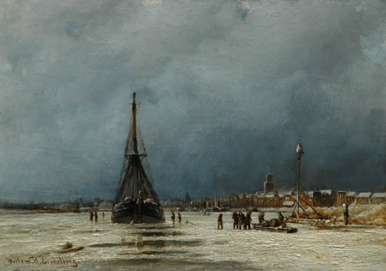 Eickelberg W.H.  | Willem Hendrik Eickelberg, A winter's day on the Maas near Rotterdam, oil on panel 22.7 x 32.0 cm, signed l.l.