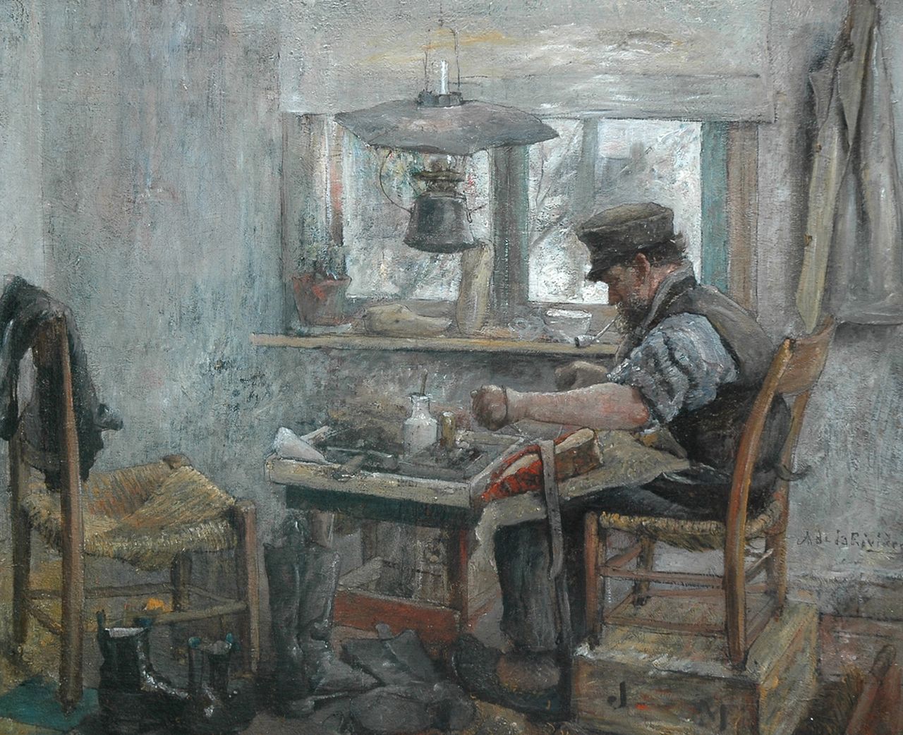 Rivière A.P. de la | Adrianus Philippus 'Adriaan' de la Rivière, A cobbler at work, oil on canvas 49.3 x 60.2 cm, signed m.r. and on the reverse