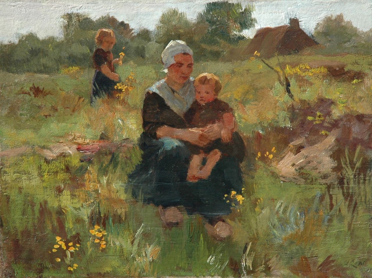 Zon J.A.  | Jacob Abraham 'Jacques' Zon, A summerday in the fields, oil on canvas laid down on panel 27.9 x 37.5 cm, signed l.r.