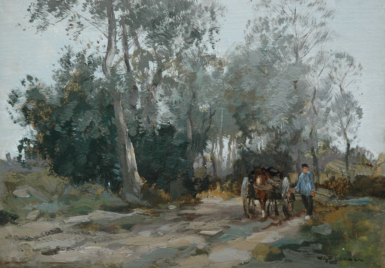 Jansen W.G.F.  | 'Willem' George Frederik Jansen, A horsedrawn cart on a country lane, oil on panel 25.0 x 35.6 cm, signed l.r.