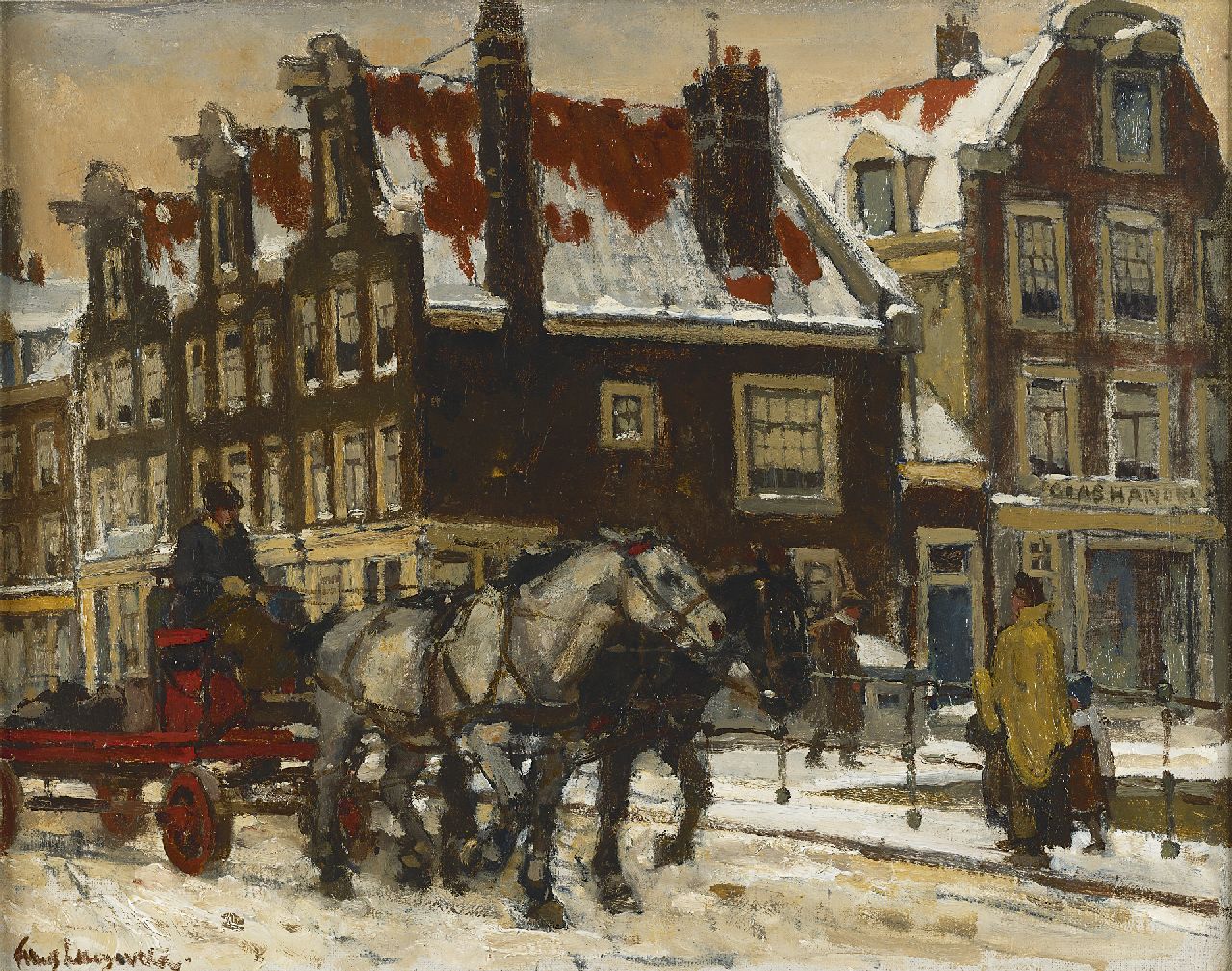 Langeveld F.A.  | Franciscus Arnoldus 'Frans' Langeveld, A horse drawn cart on a bridge in wintry Amsterdam, oil on canvas 37.8 x 47.5 cm, signed l.l.