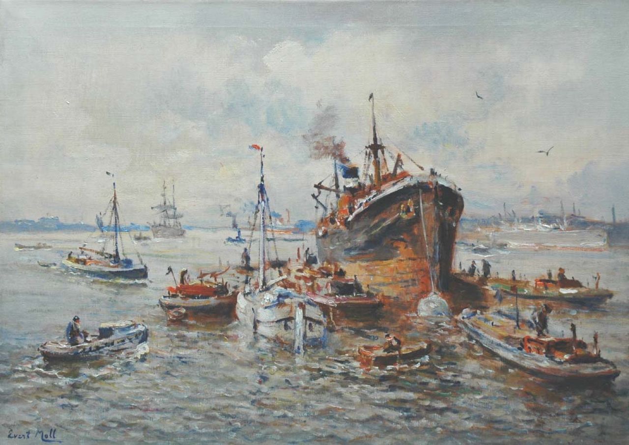 Moll E.  | Evert Moll, A steamer with towboats in the Rotterdam harbour, oil on canvas 50.4 x 69.8 cm, signed l.l.