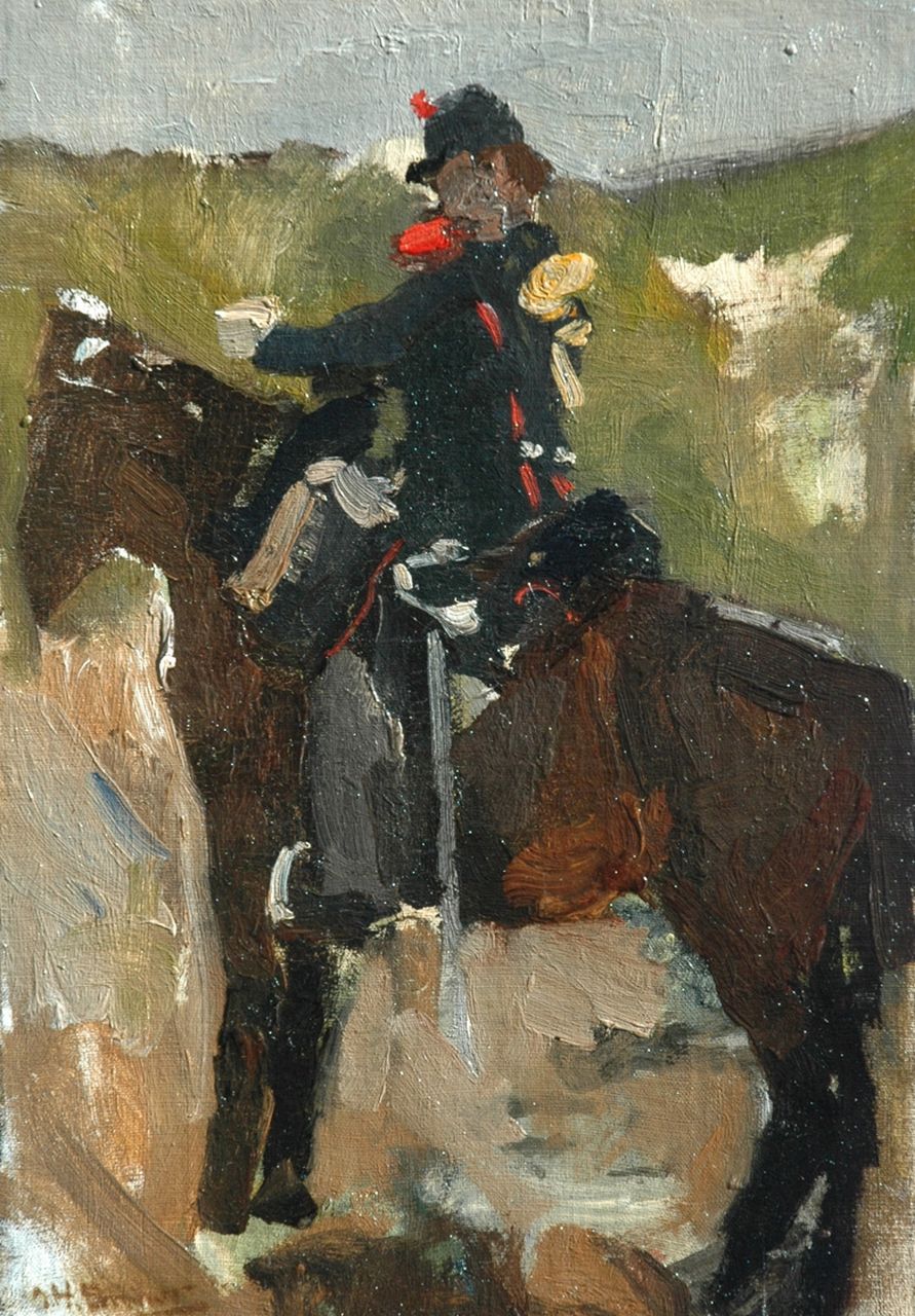 Breitner G.H.  | George Hendrik Breitner, A cavalrist on horseback, oil on canvas laid down on panel 37.3 x 26.6 cm, signed l.l.