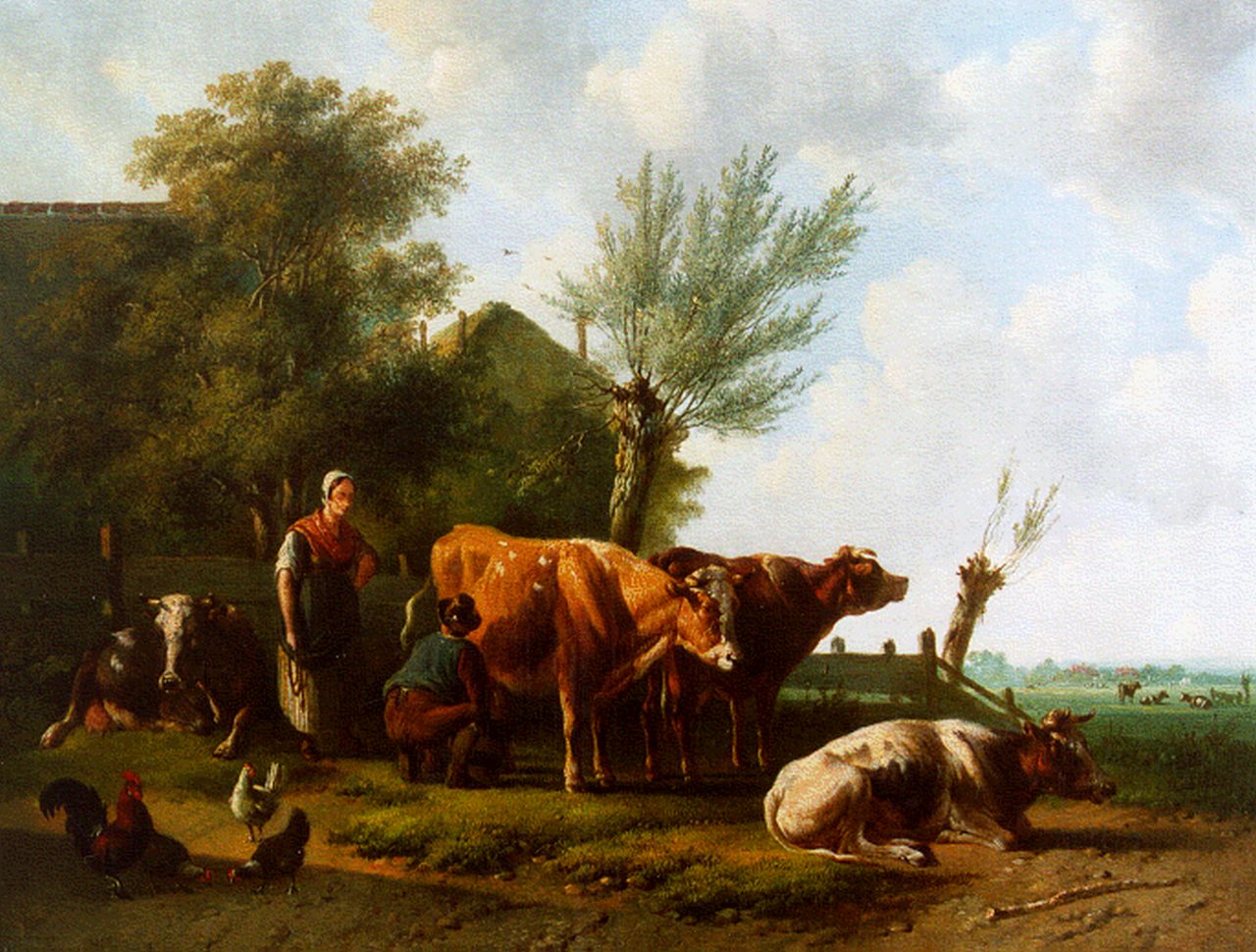 Verhoesen A.  | Albertus Verhoesen, A farmer's wife and cattle in a landscape, oil on canvas 35.0 x 46.0 cm, signed l.l. and dated 1860