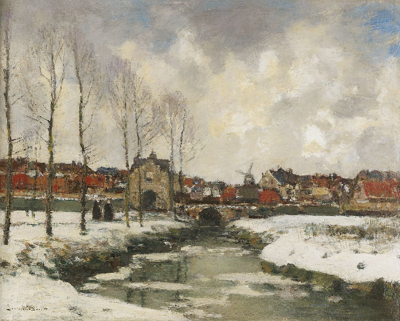 Soest L.W. van | 'Louis' Willem van Soest, Townview in winter, oil on panel 37.4 x 46.3 cm, signed l.l.