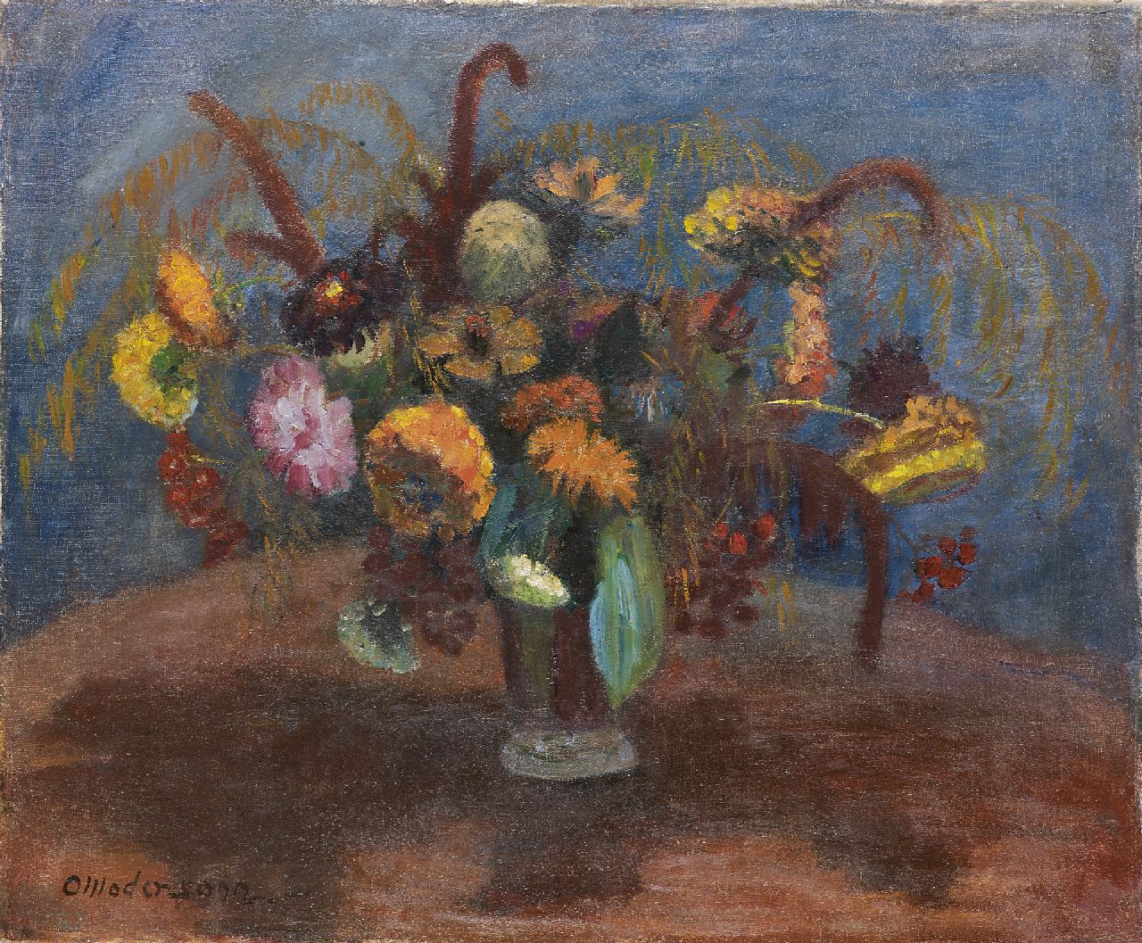 Otto Modersohn | Still life with flowers in electric light, oil on canvas, 50.9 x 61.2 cm, signed l.l. and dated '36