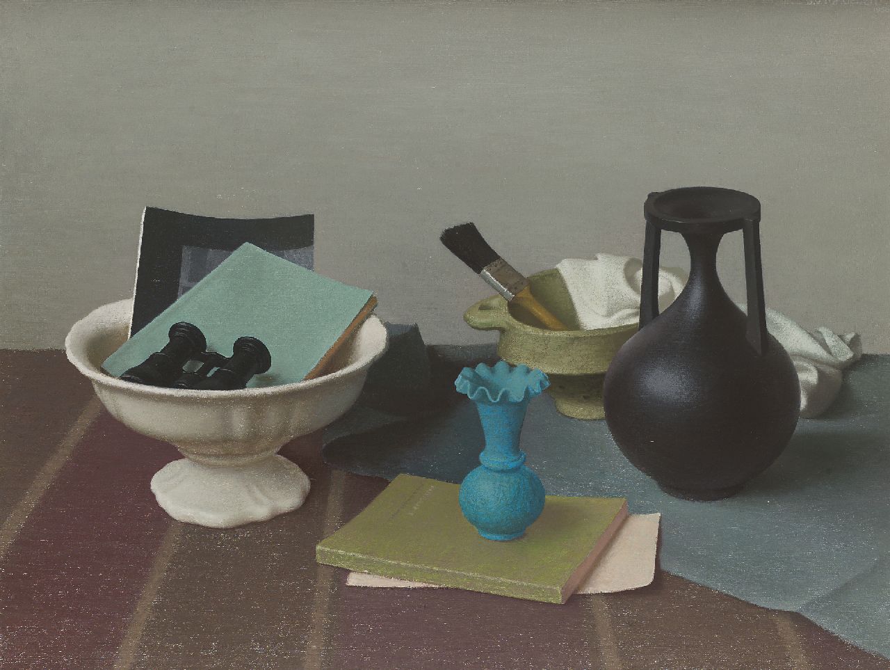 Tongeren J. van | Jan van Tongeren, Still life in blue and black, oil on canvas 63.0 x 80.5 cm, signed u.r. and dated 1958