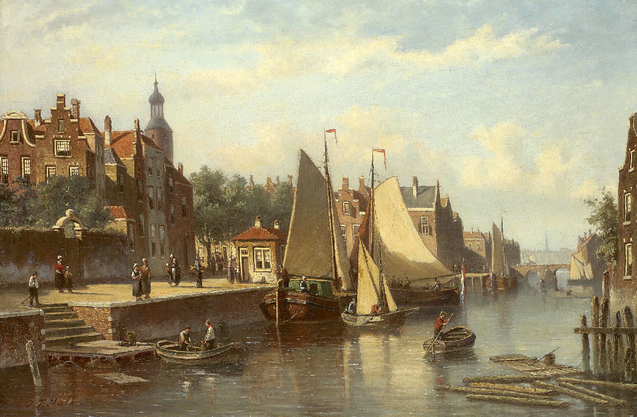 Hulk sr. J.F.  | Johannes Frederik Hulk sr., Moored tjalks in a Dutch town, oil on canvas 60.3 x 89.6 cm, signed l.l.