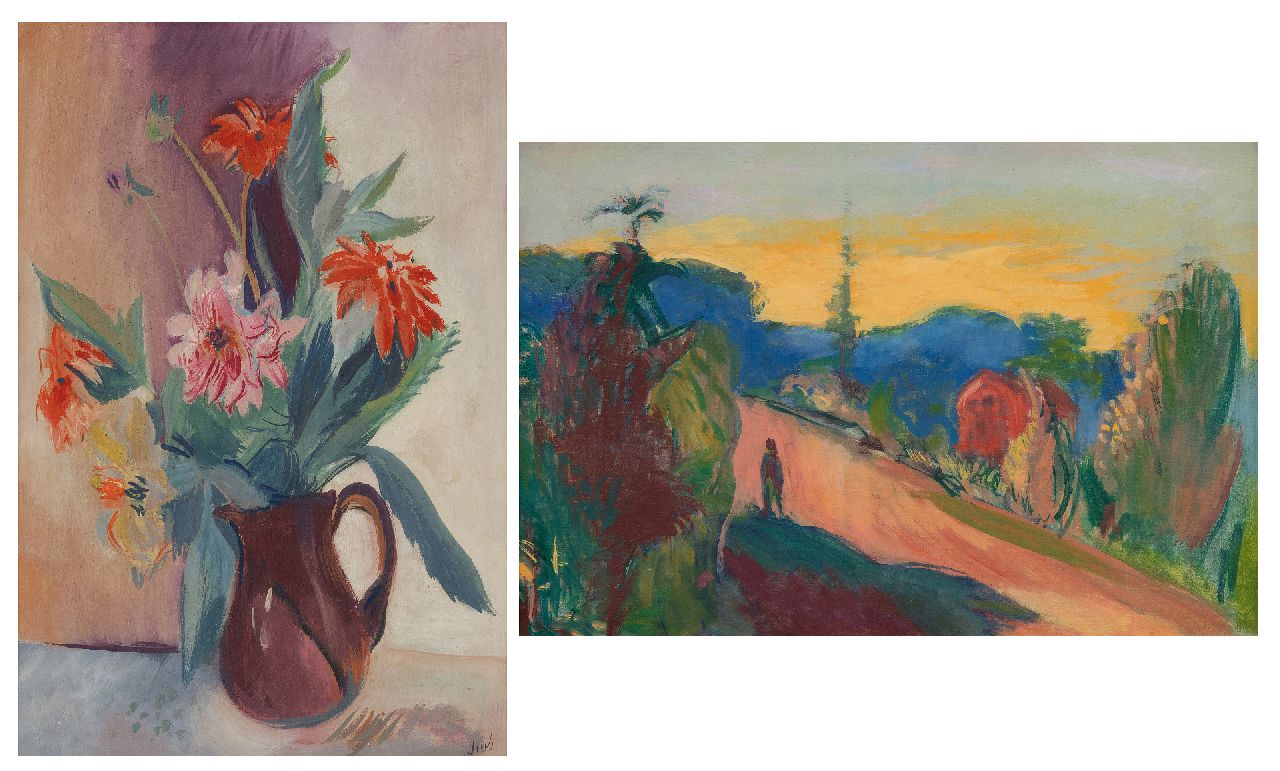 Wiegers J.  | Jan Wiegers | Paintings offered for sale | Swiss landscape; on the reverse: Flower still life, oil on canvas 40.4 x 60.3 cm, signed verso with initials and painted late '20s