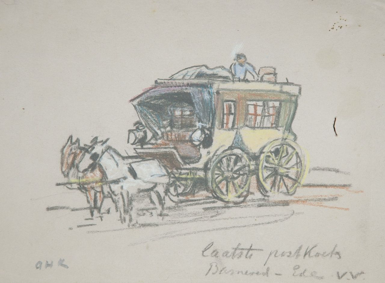 Koning A.H.  | 'Arnold' Hendrik Koning, The last stage-coach Barneveld - Ede, coloured chalk on paper 16.3 x 22.3 cm, signed l.l. with initials