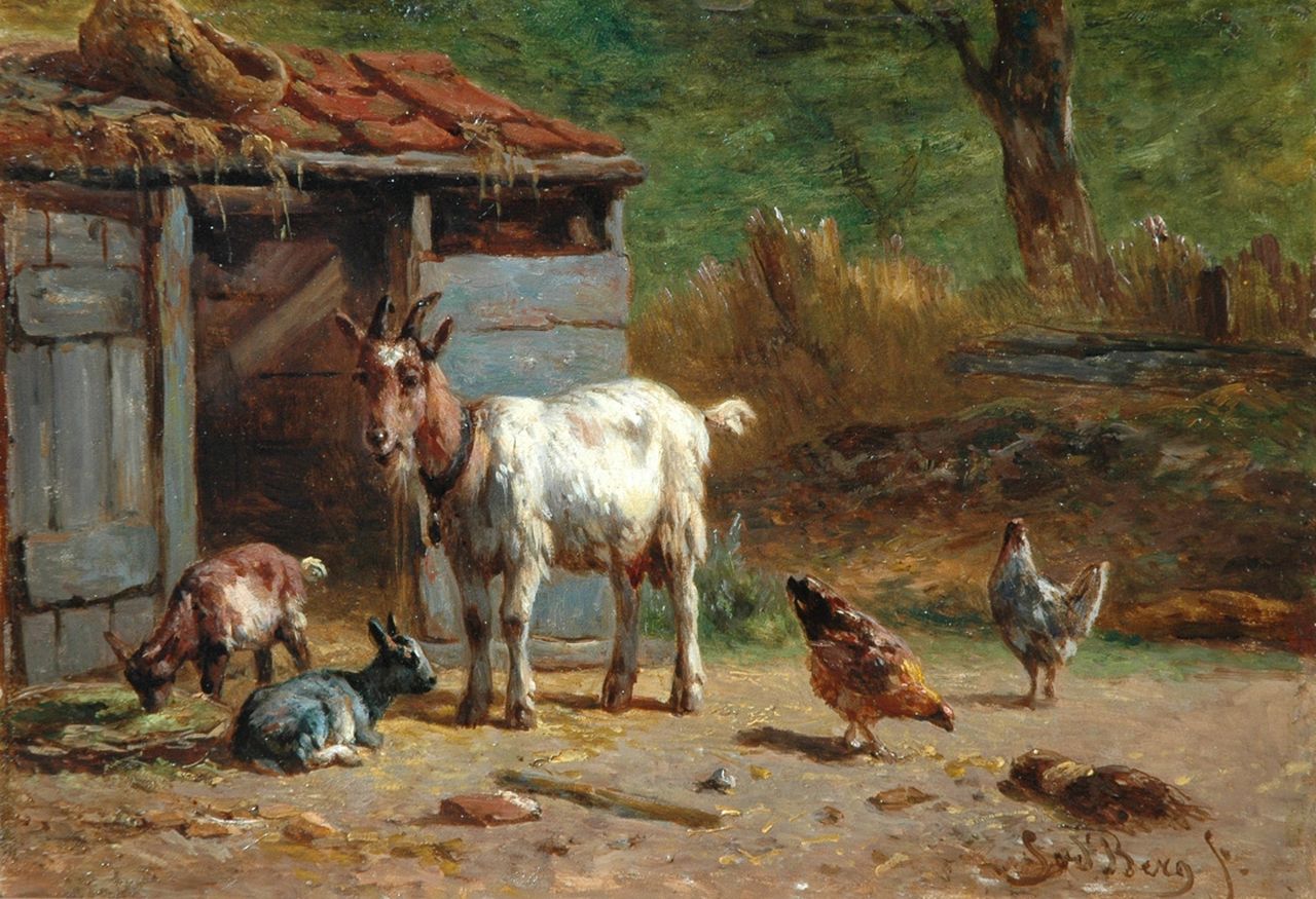 Berg S. van den | Simon van den Berg, Goats and chicken in a farmyard, oil on panel 17.3 x 25.0 cm, signed l.r