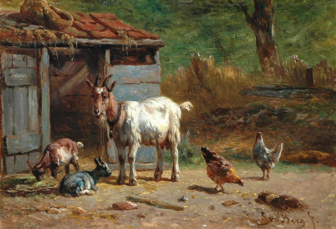 Berg S. van den | Simon van den Berg, Goats and chicken in a farmyard, oil on panel 17.3 x 25.0 cm, signed l.r