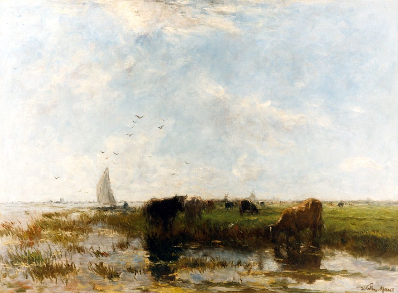 Maris W.  | Willem Maris, River view with cows grazing along the bank, oil on canvas 67.0 x 91.0 cm, signed l.r. and painted ca. 1875