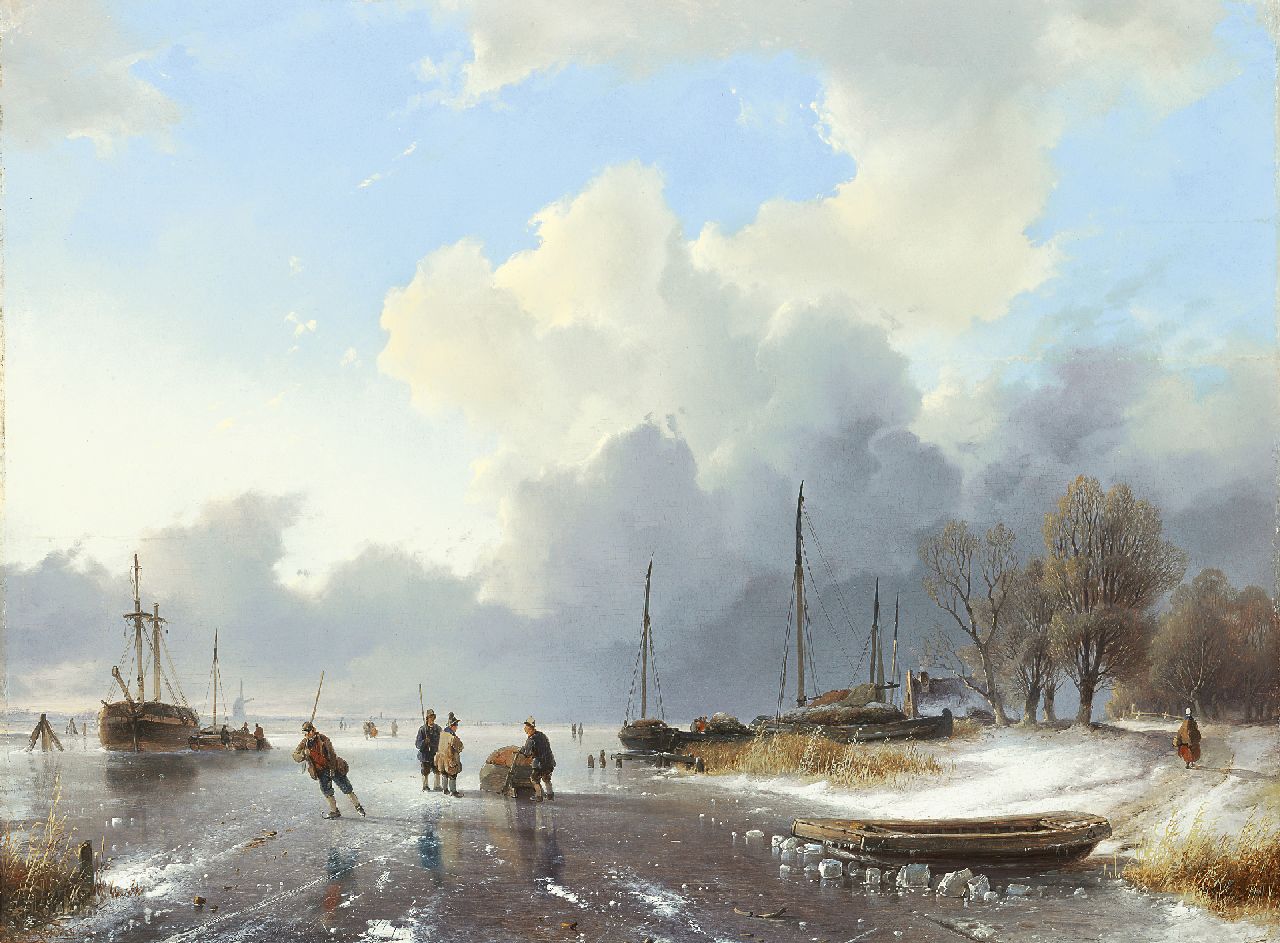 Haanen R.A.  | Remigius Adrianus Haanen, A winter scene with skaters on ice, oil on panel 51.0 x 67.0 cm, signed l.r. on the rowing boat and dated 1842