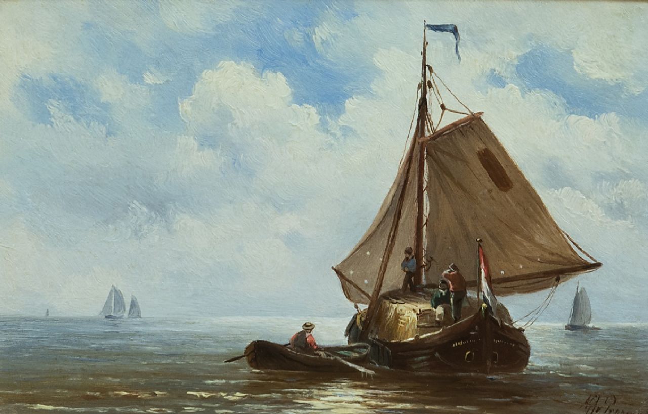 Prooijen A.J. van | Albert Jurardus van Prooijen, Sailing hay ship on the Zuiderzee, oil on panel 15.4 x 23.5 cm, signed l.r.