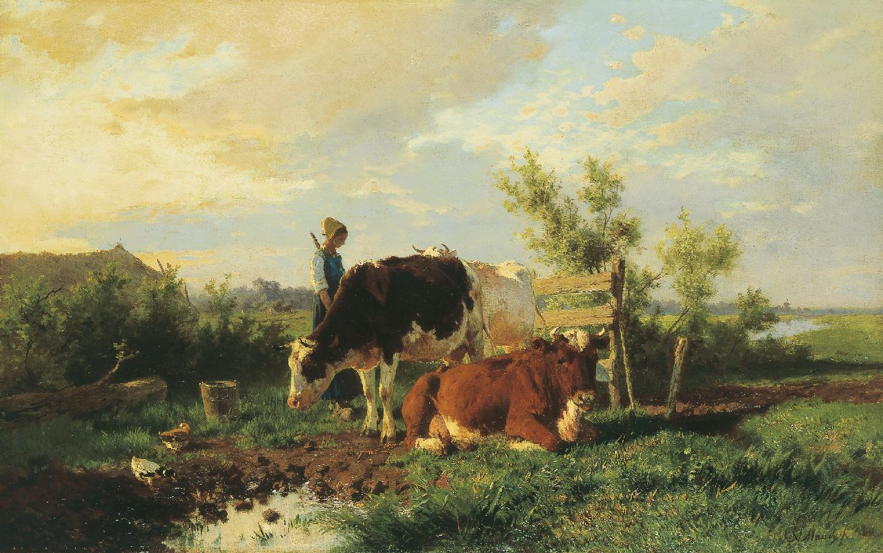 Mauve A.  | Anthonij 'Anton' Mauve, Milking-time, oil on canvas 51.4 x 82.0 cm, signed l.r. and painted circa 1862-1864