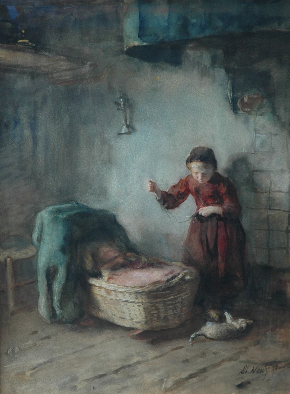 Neuhuys J.A.  | Johannes 'Albert' Neuhuys, A knitting girl beside a cradle, watercolour on paper 57.5 x 43.0 cm, signed l.r.
