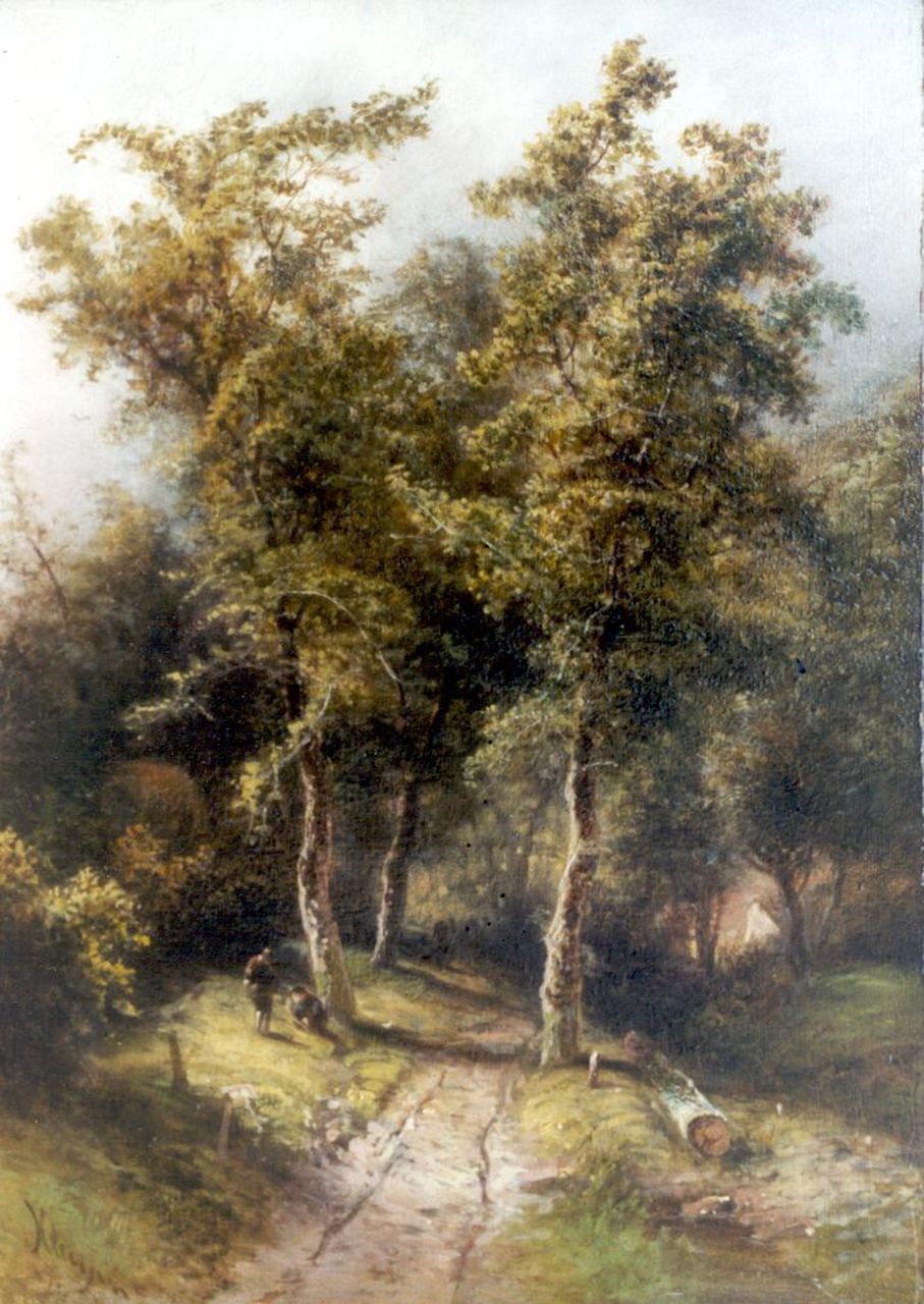 Kluyver P.L.F.  | 'Pieter' Lodewijk Francisco Kluyver, Figures near a wooded path, oil on panel 34.8 x 24.8 cm, signed l.l.