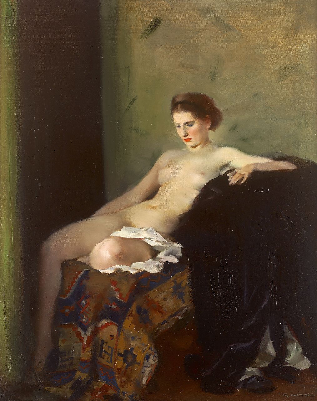 Nissl R.  | Rudolf Nissl, Seated nude on Persian rug, oil on canvas 72.3 x 57.7 cm, signed l.r.