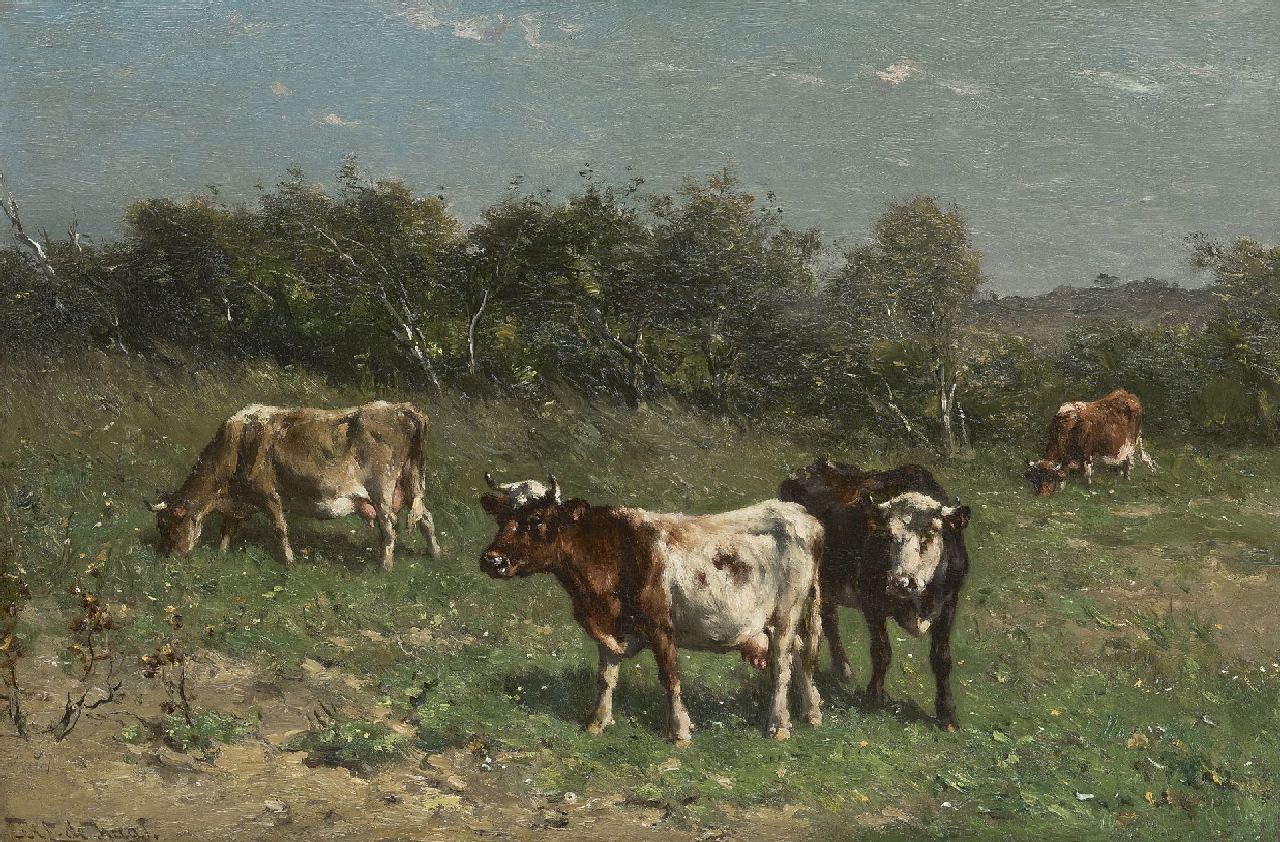 Haas J.H.L. de | Johannes Hubertus Leonardus de Haas | Paintings offered for sale | Grazin cows in a dune landscape, oil on paper laid down on panel 31.4 x 47.2 cm, signed l.l.