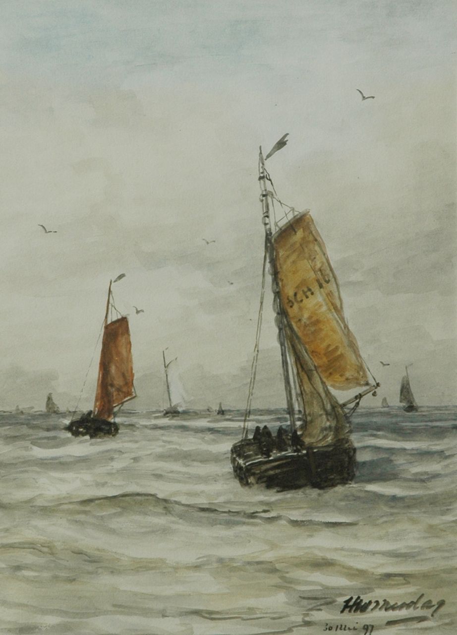 Mesdag H.W.  | Hendrik Willem Mesdag, Fishing boats at sea, watercolour on paper 35.8 x 25.3 cm, signed l.r. and 30 mei 97