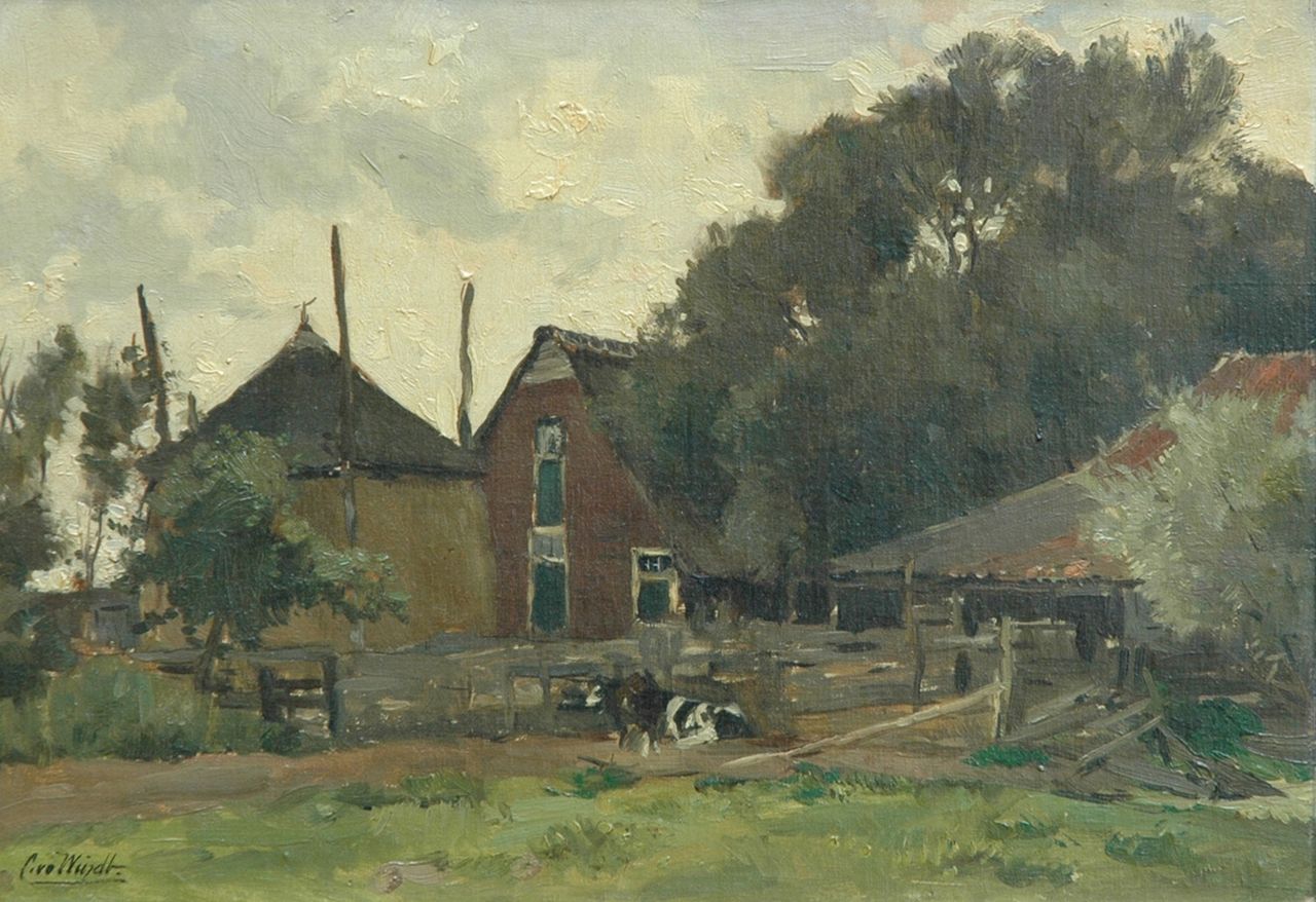 Windt Ch. van der | Christophe 'Chris' van der Windt, A farm with two cows, oil on panel 30.0 x 43.3 cm, signed l.l.