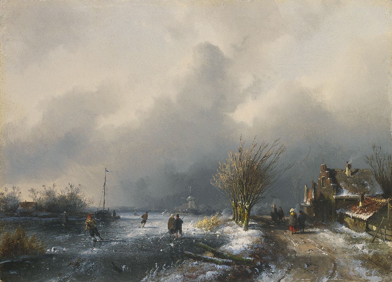 Leickert C.H.J.  | 'Charles' Henri Joseph Leickert, Ice scene with snowstorm approaching, oil on panel 20.4 x 28.2 cm, signed l.r. and to be dated ca. 1852