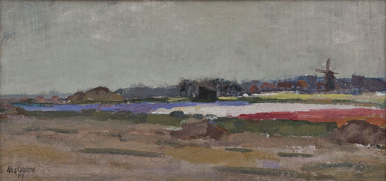 Grovers H.  | Han Grovers, Landscape with bulb fields and a mill, oil on canvas laid down on panel 23.3 x 48.8 cm, signed 'Han G(r)overs' l.l. and dated '37