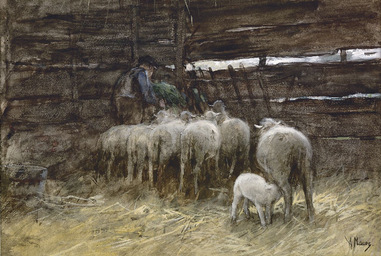 Mauve A.  | Anthonij 'Anton' Mauve, The sheep fold, watercolour and gouache on paper 33.0 x 47.0 cm, signed l.r.