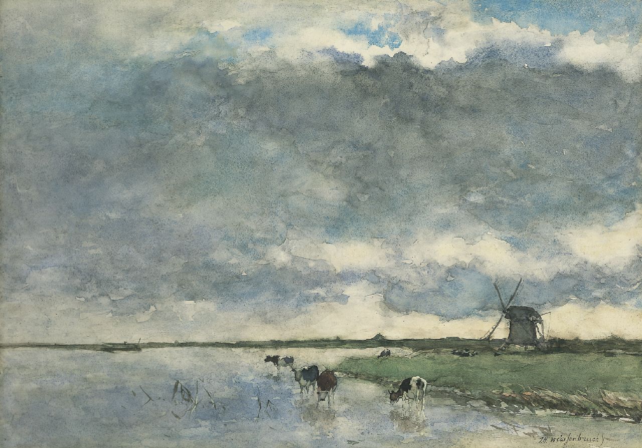 Weissenbruch H.J.  | Hendrik Johannes 'J.H.' Weissenbruch, Polder landscape with windmills and cattle, watercolour on paper 38.7 x 54.6 cm, signed l.r.