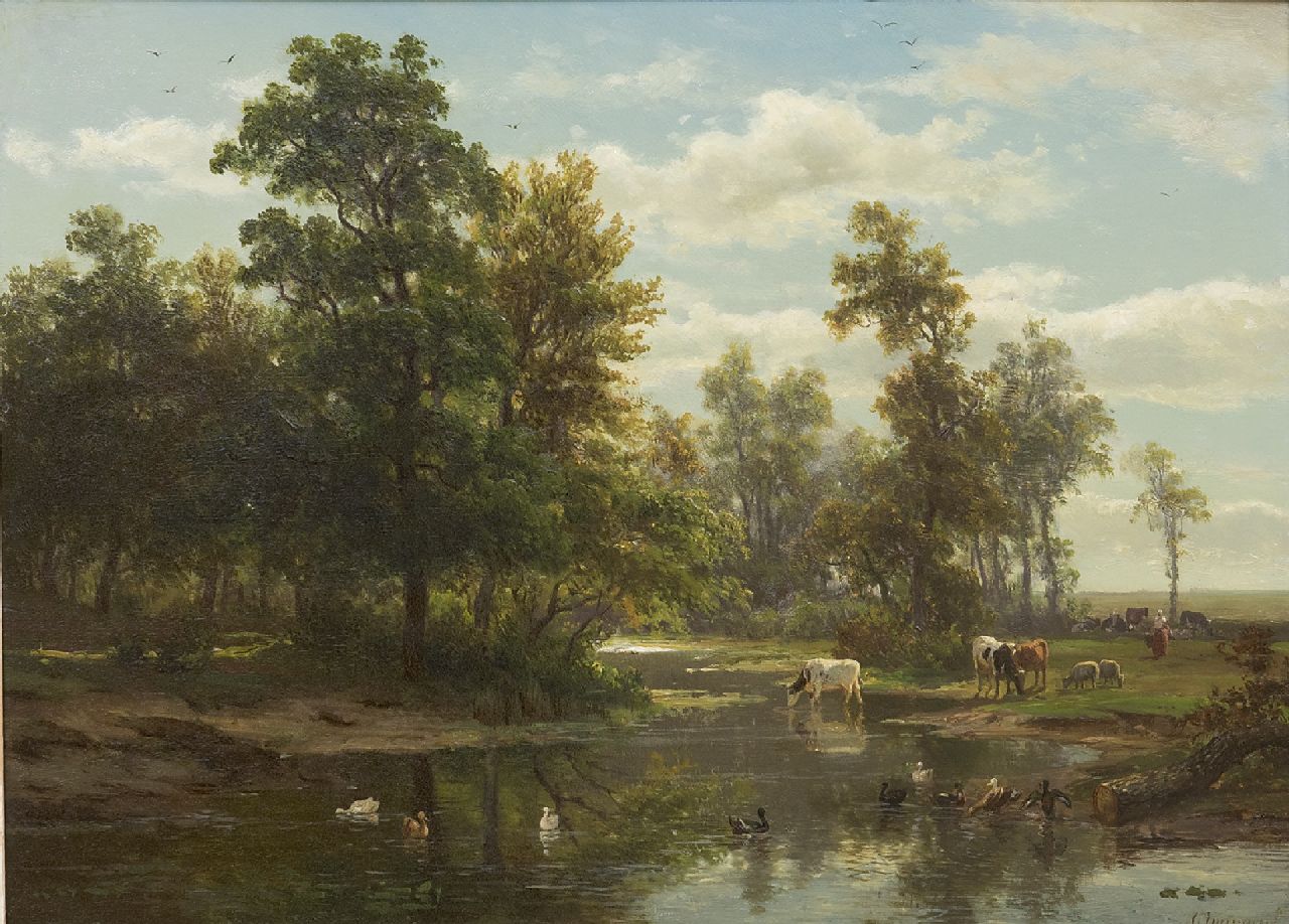 Immerzeel C.  | Christiaan Immerzeel, Drinking cattle near a forest creek, oil on panel 33.5 x 47.2 cm, signed l.r.