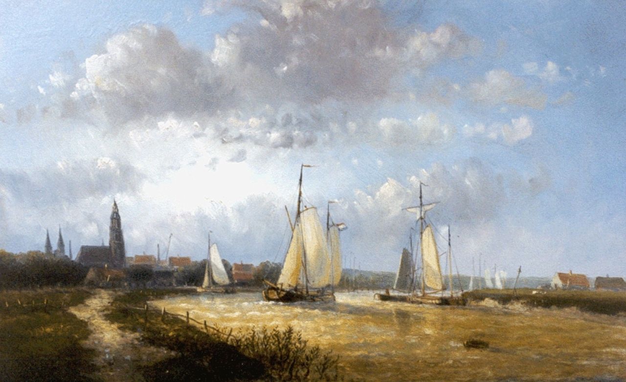 Hulk H.  | Hendrik Hulk, Sailing boats on a river, oil on panel 19.7 x 30.9 cm, signed l.r.