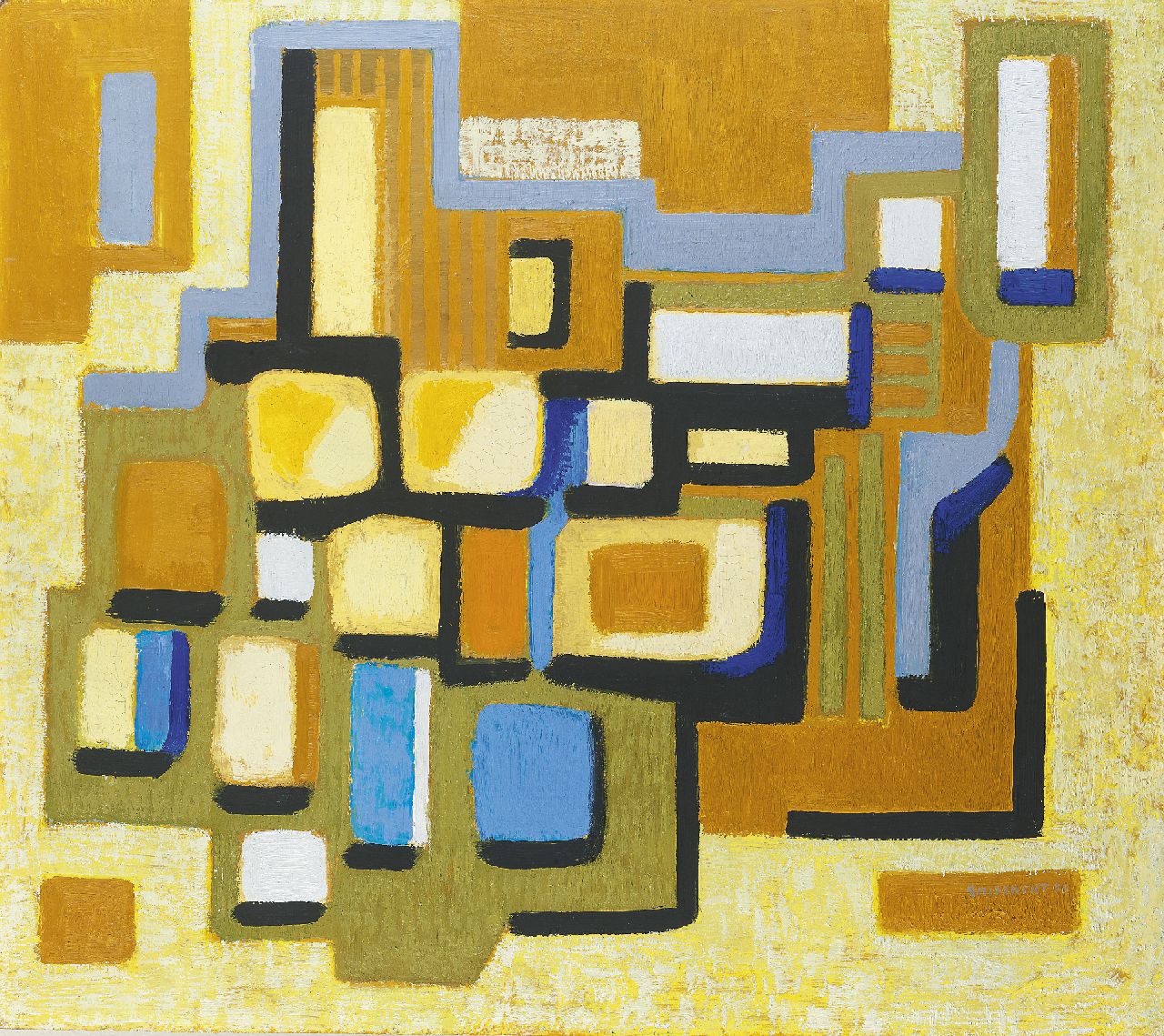Smissaert P.A.  | Pieter Adriaan 'Piet' Smissaert, Composition in blue, green and yellow, oil on board 65.8 x 75.2 cm, signed l.r. and dated '56