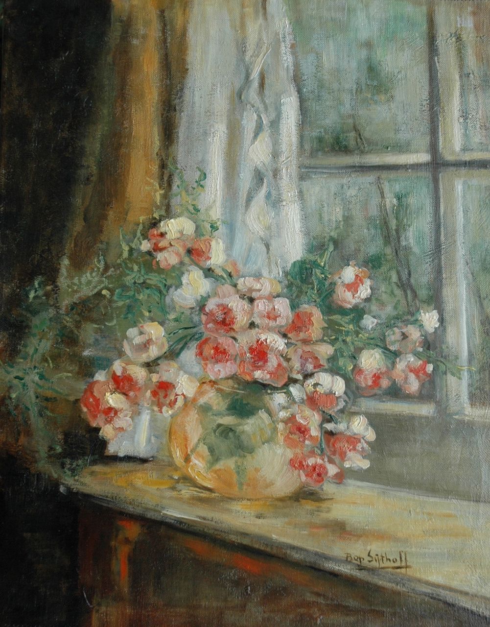 Bep Sijthoff | Summerflowers on the windowsill, oil on canvas, 45.5 x 35.5 cm, signed l.r.