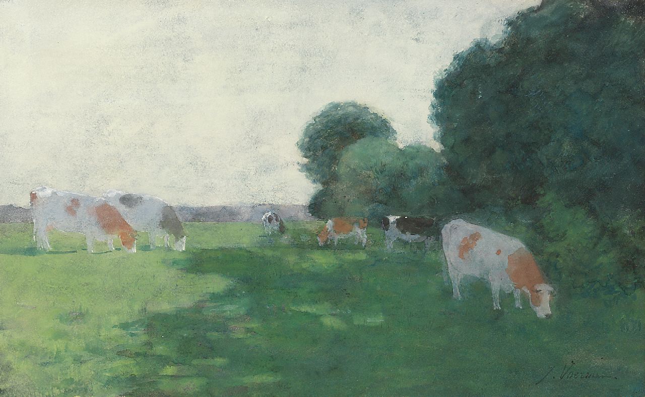 Voerman sr. J.  | Jan Voerman sr. | Watercolours and drawings offered for sale | Grazing cattle along the river IJssel, watercolour on paper 30.0 x 47.7 cm, signed l.r.