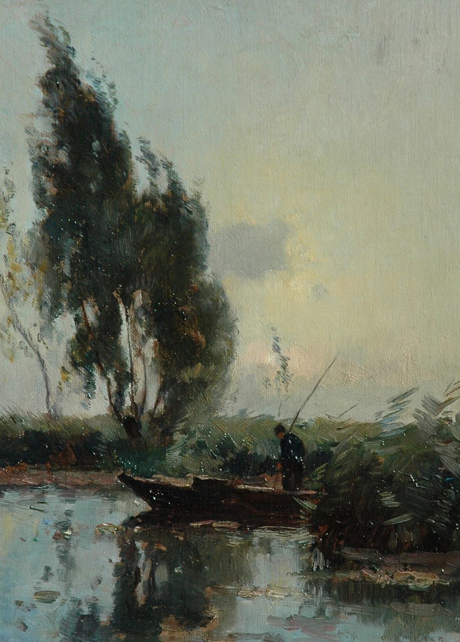 Knikker A.  | Aris Knikker, Fishing by sunset, oil on canvas laid down on board 32.5 x 22.6 cm, signed l.r.