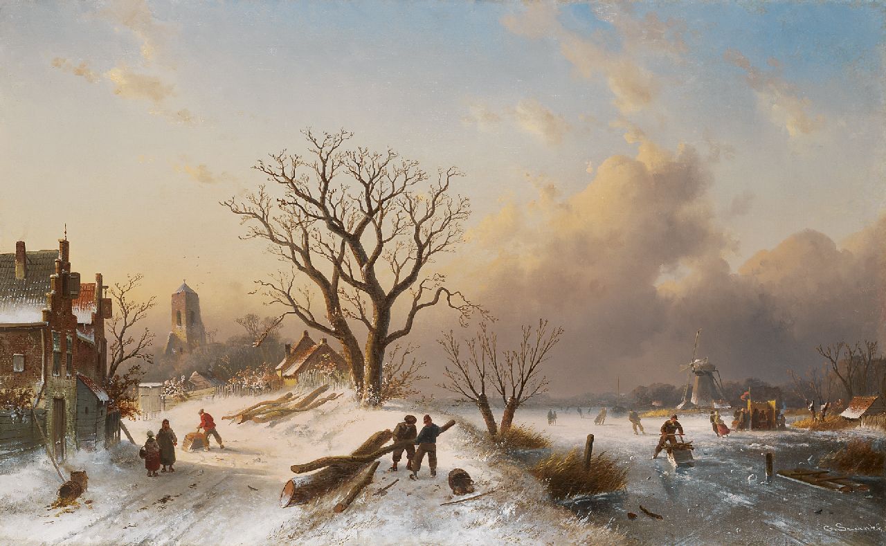 Leickert C.H.J.  | 'Charles' Henri Joseph Leickert, Dutch winter landscape with skaters on the ice, oil on canvas 62.0 x 101.0 cm, signed l.r. and painted circa 1860-1865