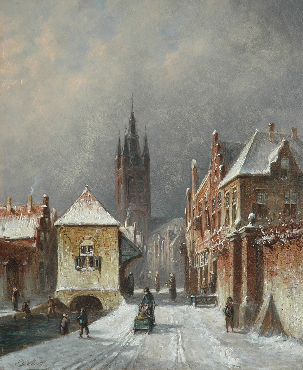 Vertin P.G.  | Petrus Gerardus Vertin, A cityview in winter of Delft, oil on panel 24.1 x 20.0 cm, signed l.l.