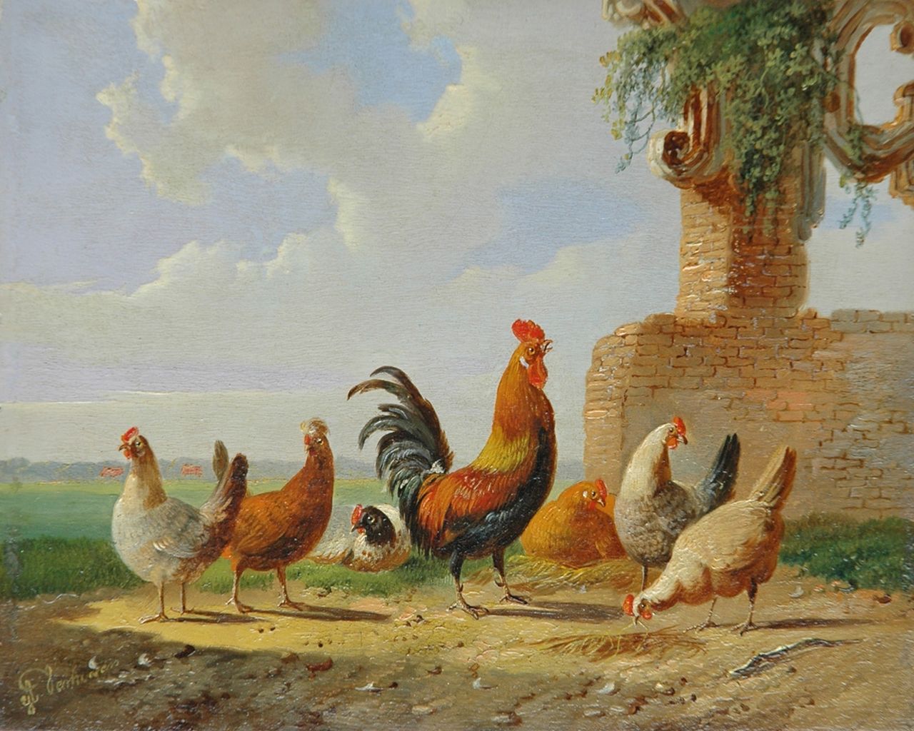 Verhoesen A.  | Albertus Verhoesen, A cock and his fowls in a summer landscape, oil on panel 13.6 x 17.0 cm, signed l.l.